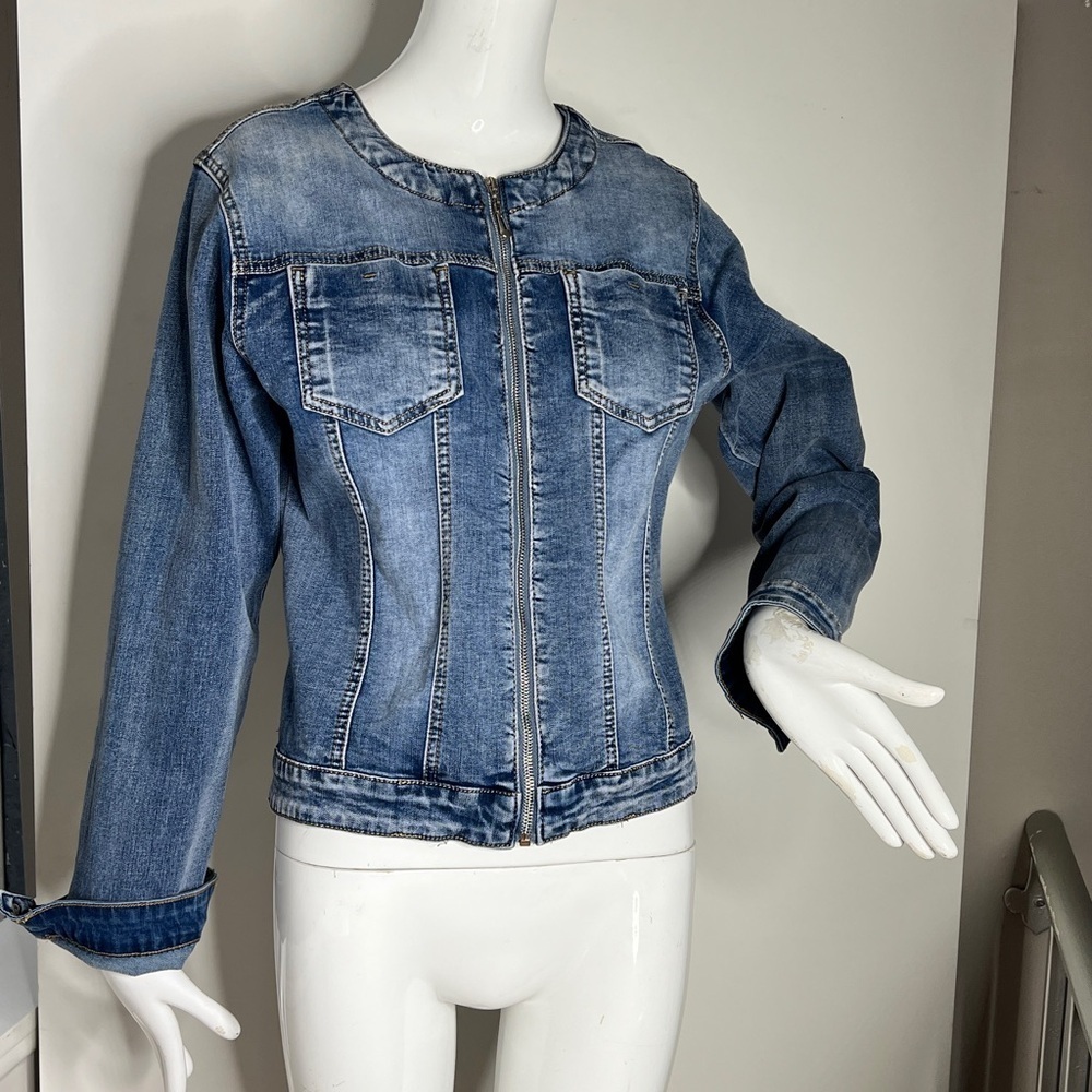 POP Seven Sz XL Zip Front Collarless Stretch Cotton Denim Jacket